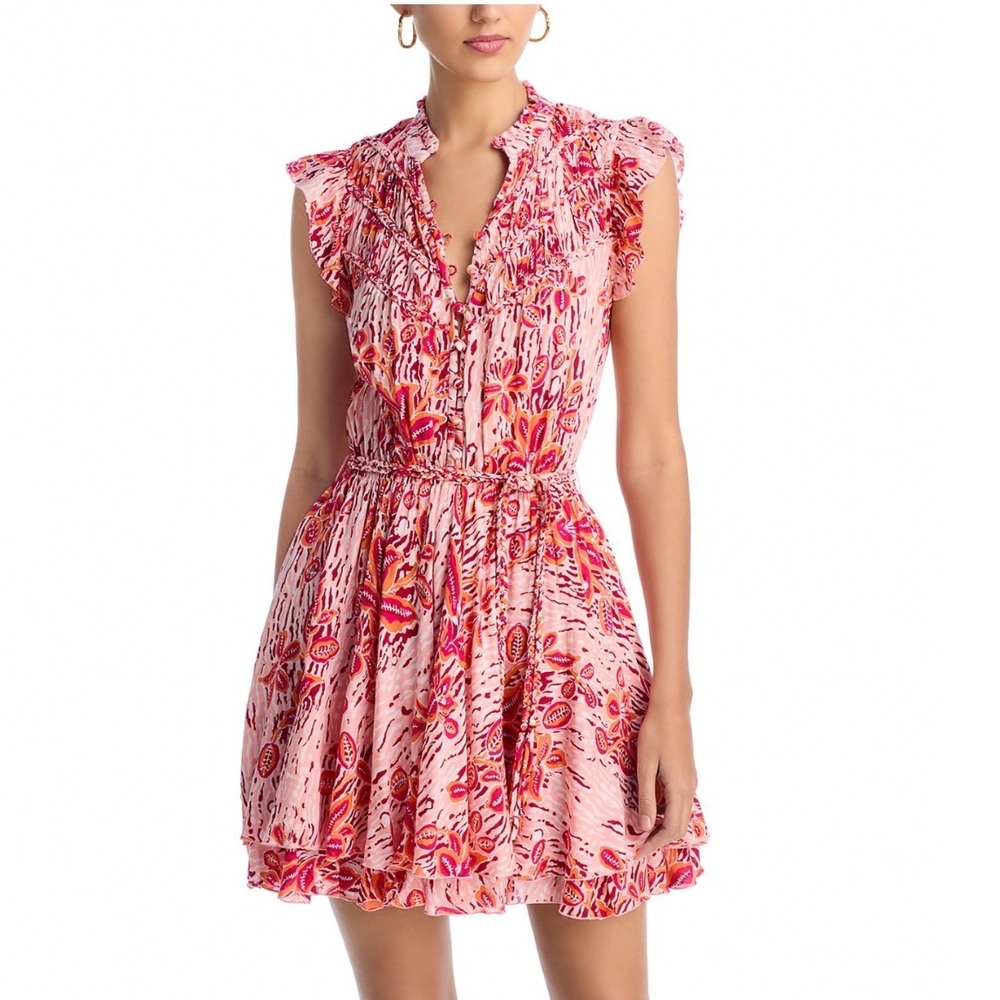 Poupette St Barth Callie Mini Dress Pink Exotic Forest Floral Ruffle Medium NEW